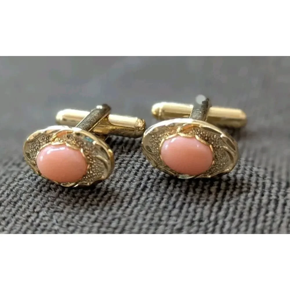 Cuff links & Tie Tack Bar Natural Pink Coral 4 PC set Gift Box Gold Tone Hawaii